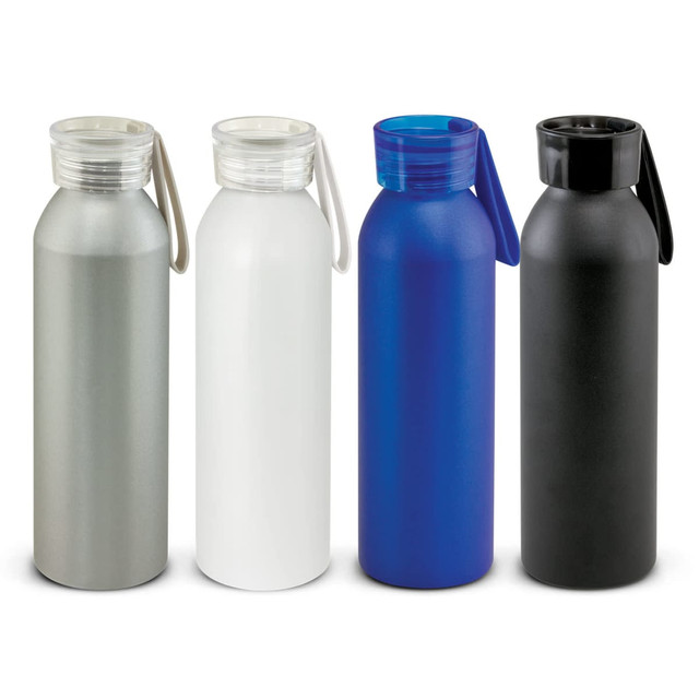 A drink bottle collection featuring silver, white, blue, and black variants, each with a screw-on lid and carrying handle. A drink bottle collection featuring silver, white, blue, and black variants, each with a screw-on lid and carrying handle.