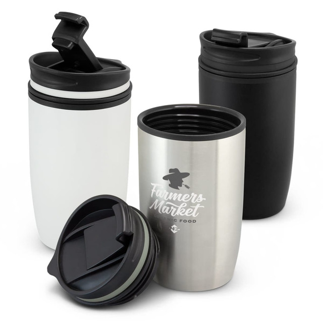 A collection of Vento Double Wall Cups in white, stainless steel, and black, featuring lids and a branding logo. A collection of Vento Double Wall Cups in white, stainless steel, and black, featuring lids and a branding logo.