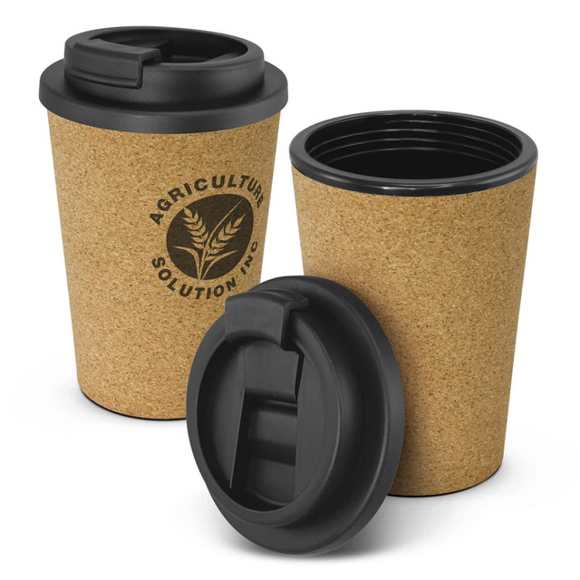 A drink bottle with a cork exterior and black lid, featuring a logo on the front. Two cups are displayed. A drink bottle with a cork exterior and black lid, featuring a logo on the front. Two cups are displayed.