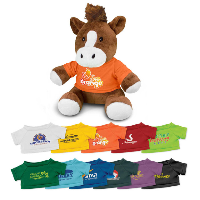 A brown horse plush toy wearing an orange shirt, with various smaller shirts in different colours displayed below.