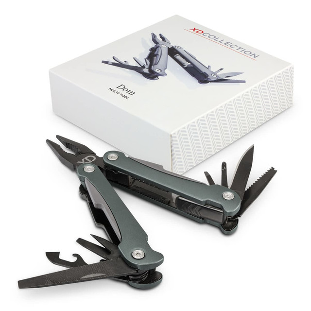 A multi-tool in grey with various functions, displayed alongside its packaging. The tool features pliers, blades, and other tools. A multi-tool in grey with various functions, displayed alongside its packaging. The tool features pliers, blades, and other tools.