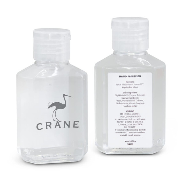 A clear, rectangular bottle of hand sanitiser gel, featuring a logo and a white flip-top cap. Contains 60ml. A clear, rectangular bottle of hand sanitiser gel, featuring a logo and a white flip-top cap. Contains 60ml.