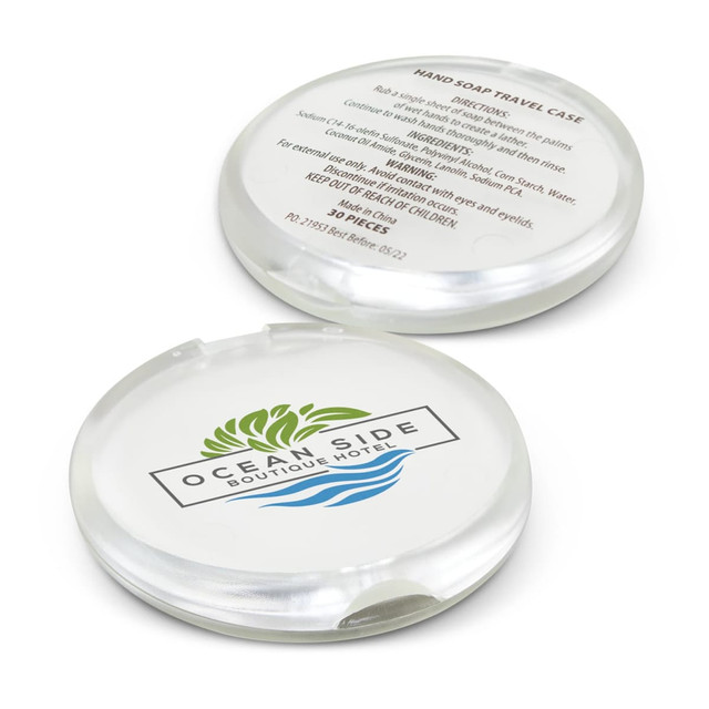 A round, clear case containing hand soap, featuring a logo on the front. A round, clear case containing hand soap, featuring a logo on the front.