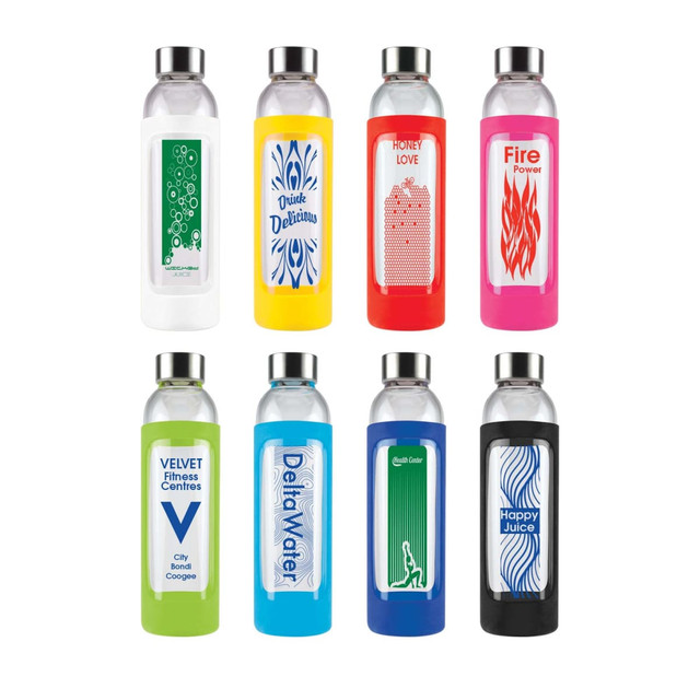 A drink bottle set featuring various colours, designs, and a metal lid, all with different printed graphics and logos. A drink bottle set featuring various colours, designs, and a metal lid, all with different printed graphics and logos.
