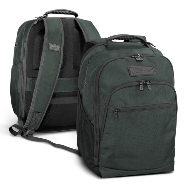 A dark green backpack featuring multiple compartments and a padded back panel, complete with a logo. A dark green backpack featuring multiple compartments and a padded back panel, complete with a logo.