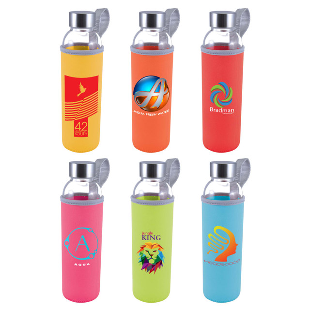 A drink bottle with a glass body and colourful neoprene sleeves in yellow, orange, red, pink, and blue, featuring various logos. A drink bottle with a glass body and colourful neoprene sleeves in yellow, orange, red, pink, and blue, featuring various logos.