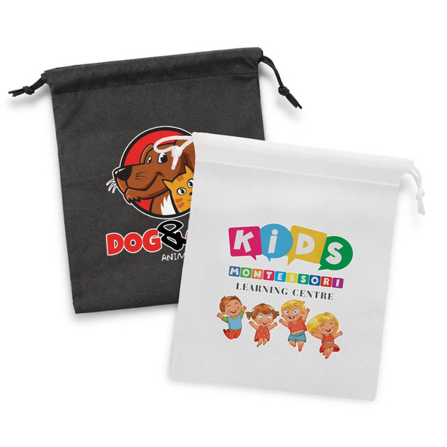 Two medium drawstring gift bags: one black with a logo and one white featuring colourful cartoon characters. Two medium drawstring gift bags: one black with a logo and one white featuring colourful cartoon characters.