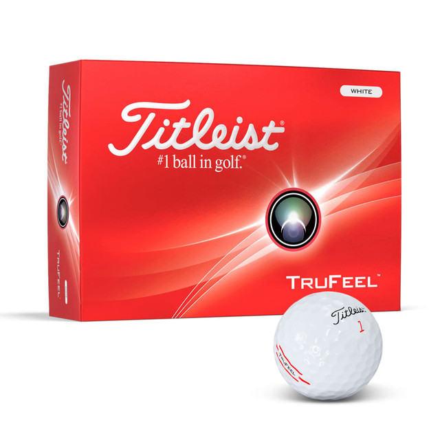 A white Titleist TruFeel golf ball alongside a red box featuring a logo, with a shiny finish. A white Titleist TruFeel golf ball alongside a red box featuring a logo, with a shiny finish.