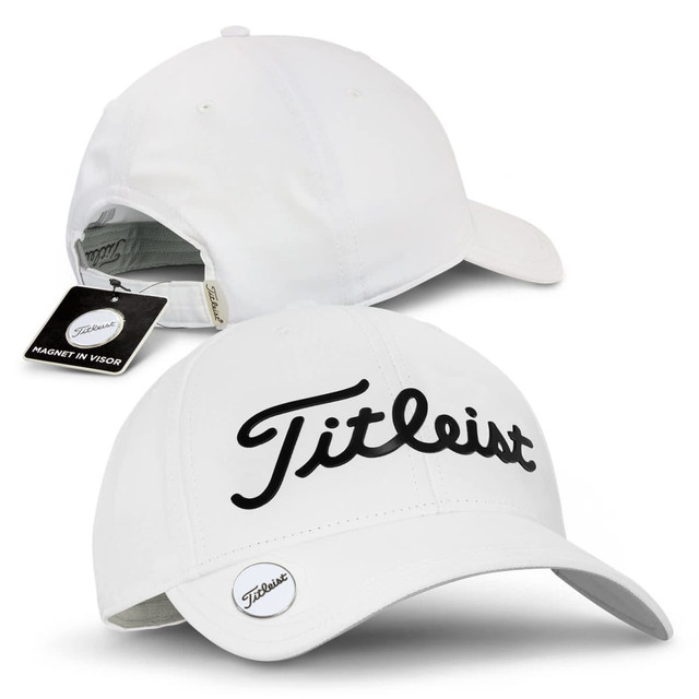 A white cap featuring a logo, designed for golfers with a magnet in the visor for ball markers. A white cap featuring a logo, designed for golfers with a magnet in the visor for ball markers.