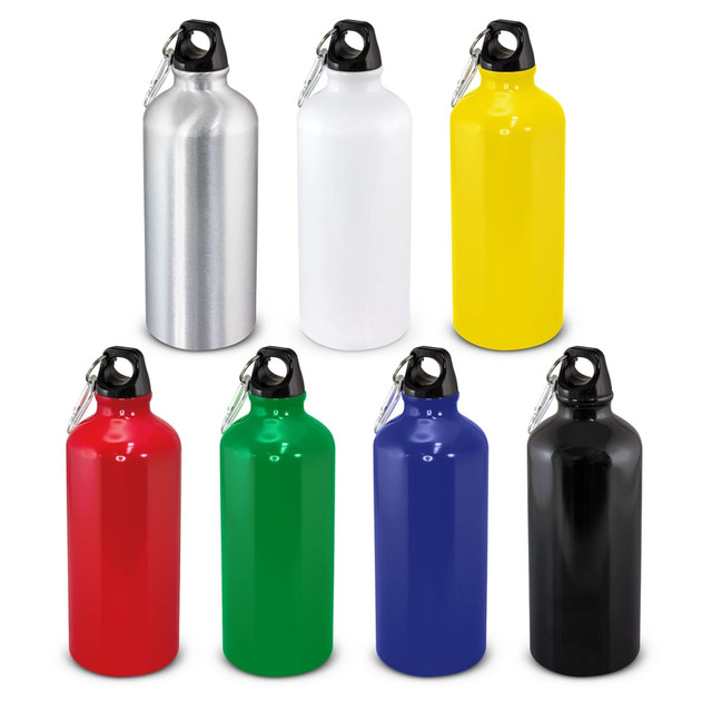 A drink bottle collection featuring silver, white, yellow, red, green, blue, and black variations, each with a clip lid and logo.