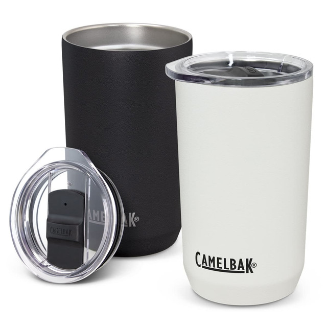 A drink bottle tumbler set featuring a black and a white 500ml CamelBak Horizon Vacuum Tumbler with lids. A drink bottle tumbler set featuring a black and a white 500ml CamelBak Horizon Vacuum Tumbler with lids.