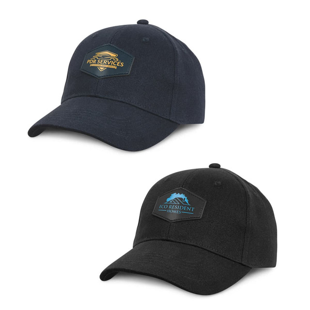 A navy and a black cap featuring patches, each with distinct designs and logos. A navy and a black cap featuring patches, each with distinct designs and logos.