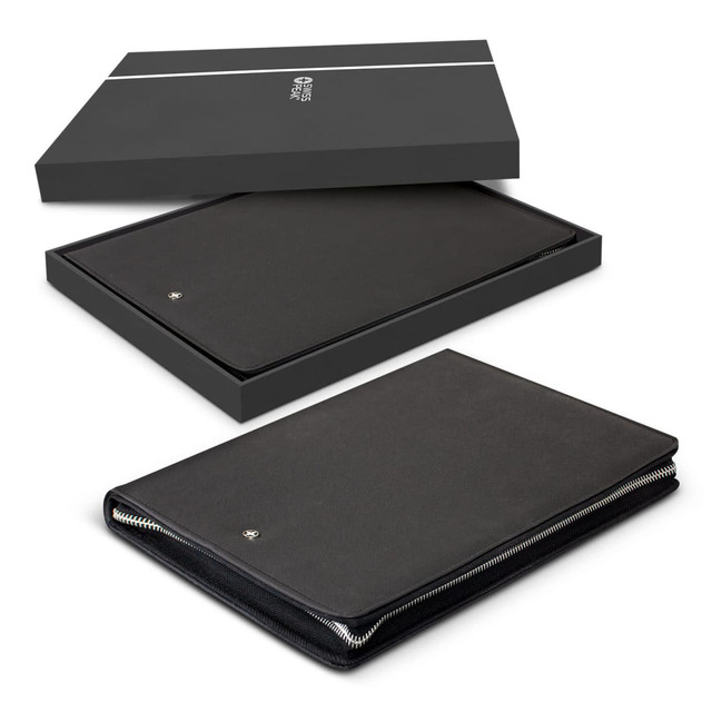 A black A4 portfolio with a zipper, displayed in a sleek black box. The portfolio features a subtle logo. A black A4 portfolio with a zipper, displayed in a sleek black box. The portfolio features a subtle logo.