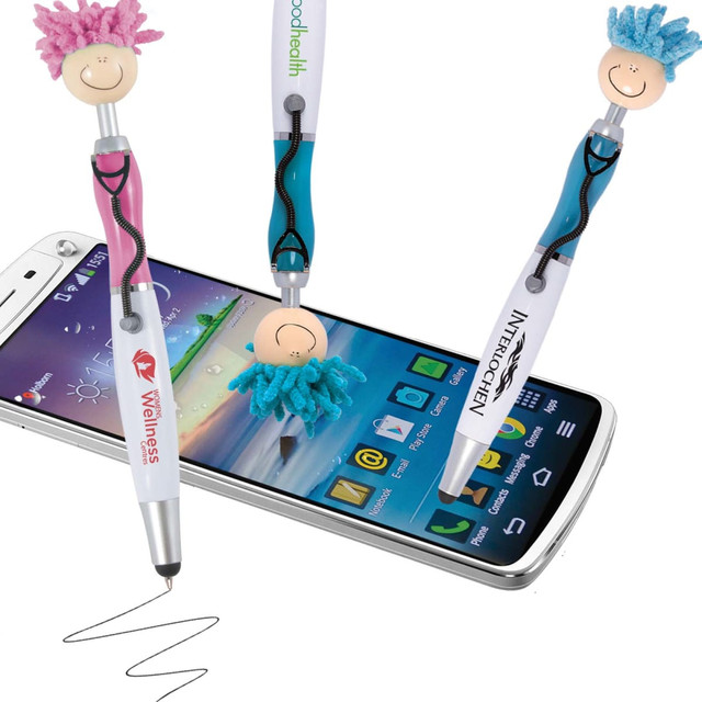 A stylus pen with a colourful, playful character top, featuring pink and blue. It includes a branding logo. A stylus pen with a colourful, playful character top, featuring pink and blue. It includes a branding logo.