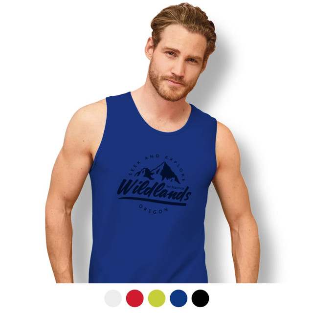 A blue men's tank top featuring a logo with mountain graphics and text, available in multiple colours.