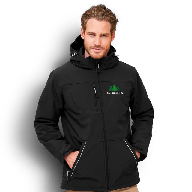 A black men's softshell jacket featuring a hood and a logo, with zippered pockets and a tailored fit. A black men's softshell jacket featuring a hood and a logo, with zippered pockets and a tailored fit.
