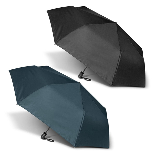 A pair of umbrellas in dark green and black, featuring a simple design and a curved handle. Each has a logo. A pair of umbrellas in dark green and black, featuring a simple design and a curved handle. Each has a logo.