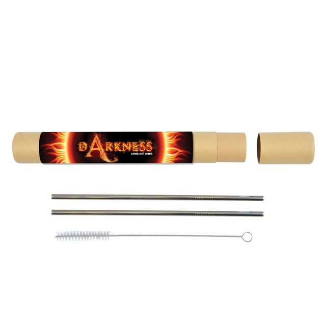 A drink straw set in metallic silver, featuring two straws, a cleaning brush, and a branded tube for storage. A drink straw set in metallic silver, featuring two straws, a cleaning brush, and a branded tube for storage.