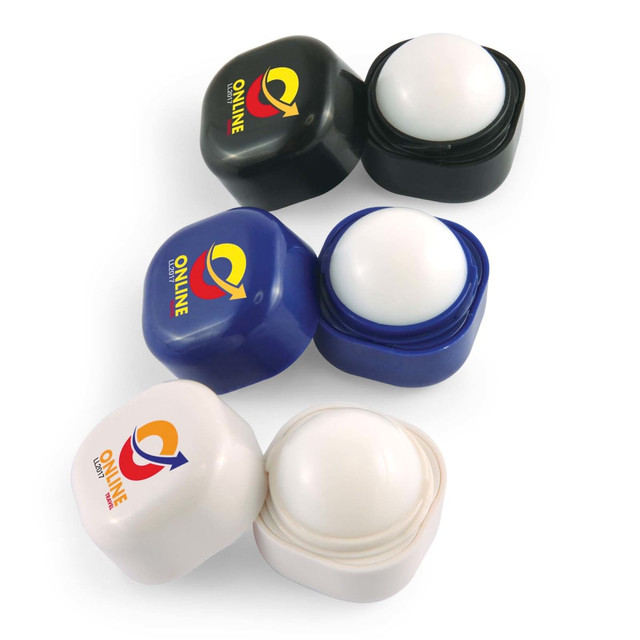 Three cube lip balms in black, blue, and white with a round balm top, each featuring a logo. Three cube lip balms in black, blue, and white with a round balm top, each featuring a logo.