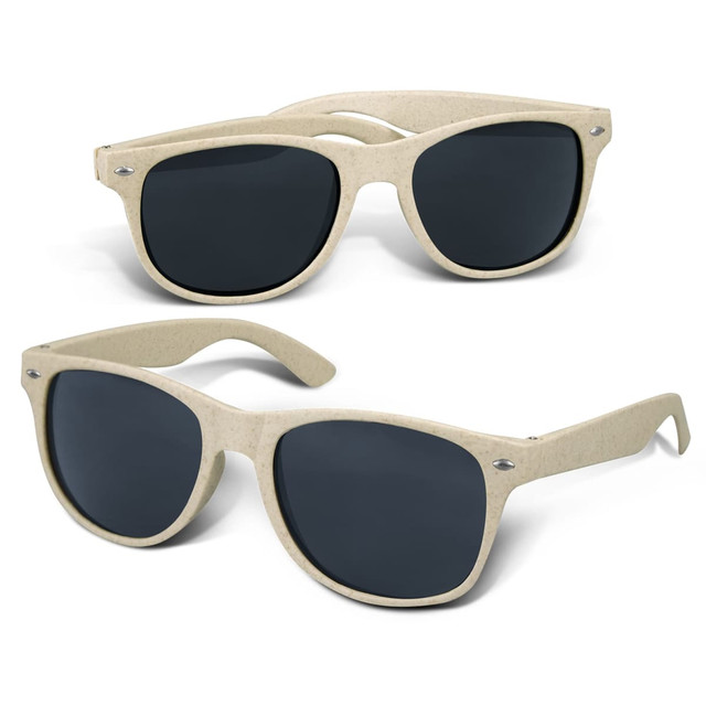 Natural-coloured sunglasses with grey lenses, featuring a logo on the side. Natural-coloured sunglasses with grey lenses, featuring a logo on the side.