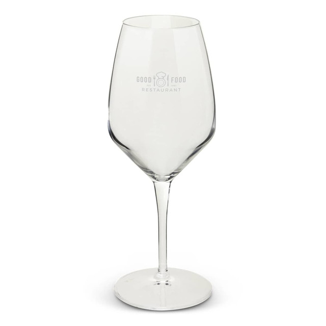 A clear wine glass with a tall stem and a rounded bowl, featuring a logo on one side. A clear wine glass with a tall stem and a rounded bowl, featuring a logo on one side.