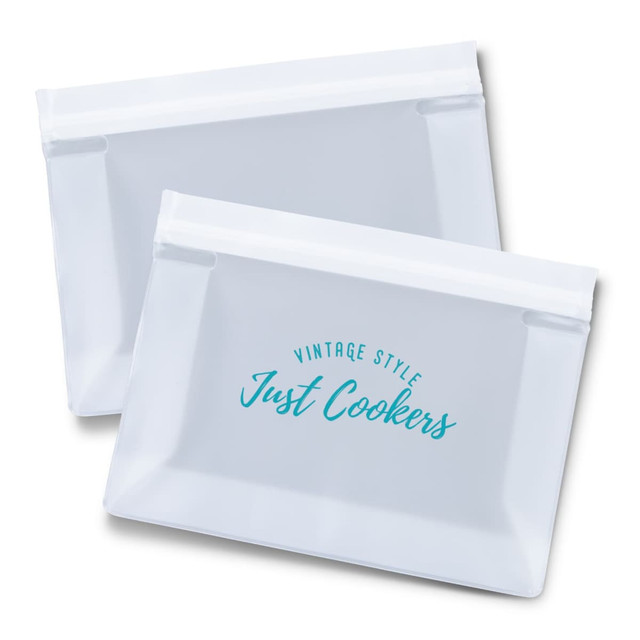 A clear reusable pouch with a zip closure and a logo printed in teal. Two pouches are shown. A clear reusable pouch with a zip closure and a logo printed in teal. Two pouches are shown.