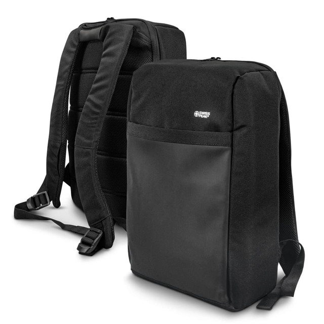 A sleek black anti-theft backpack with adjustable straps and a front pocket, featuring a logo. A sleek black anti-theft backpack with adjustable straps and a front pocket, featuring a logo.