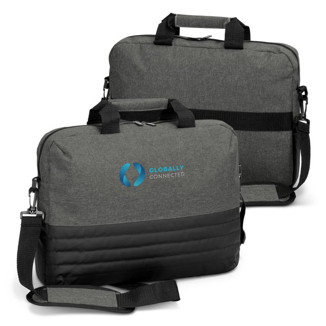 A grey laptop bag with a black bottom and a shoulder strap, featuring a logo on the front. A grey laptop bag with a black bottom and a shoulder strap, featuring a logo on the front.