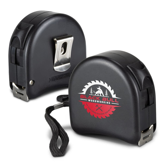 A black tape measure with a branded logo, featuring a retractable design and a wrist strap. A black tape measure with a branded logo, featuring a retractable design and a wrist strap.