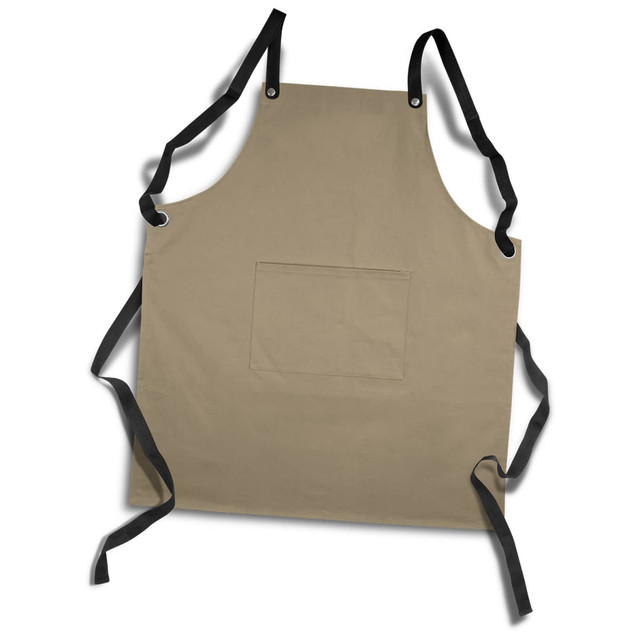 A beige bib apron with adjustable black straps and a front pocket, featuring a logo.