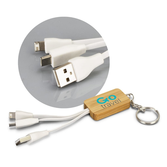 A bamboo key ring featuring a rectangular design with three charging cable connectors in white. A bamboo key ring featuring a rectangular design with three charging cable connectors in white.