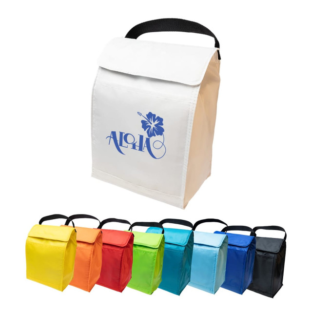 A lunch bag in various colours, including white, yellow, orange, red, green, blue, and black, featuring a logo. A lunch bag in various colours, including white, yellow, orange, red, green, blue, and black, featuring a logo.