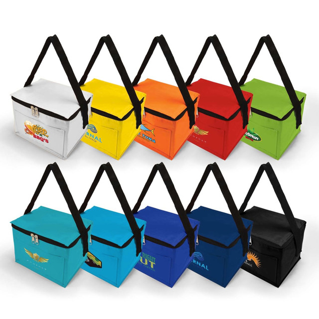 A variety of cooler bags in white, yellow, orange, green, blue, and black with straps and branding. A variety of cooler bags in white, yellow, orange, green, blue, and black with straps and branding.