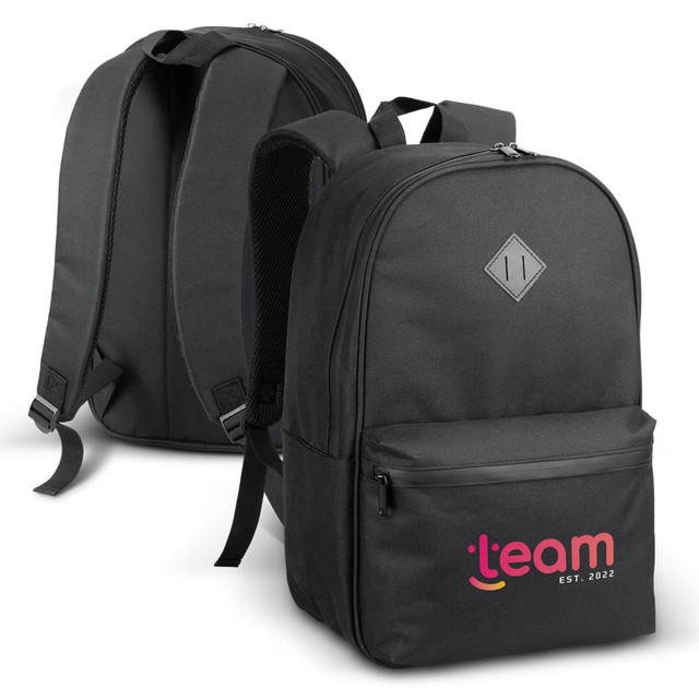 A black backpack featuring a front pocket and a logo, with padded straps and a sleek design. A black backpack featuring a front pocket and a logo, with padded straps and a sleek design.