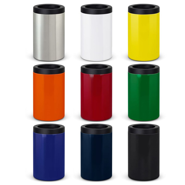 A collection of ten drink coolers in various colours: silver, white, yellow, orange, red, green, blue, and black, all with black tops. A collection of ten drink coolers in various colours: silver, white, yellow, orange, red, green, blue, and black, all with black tops.