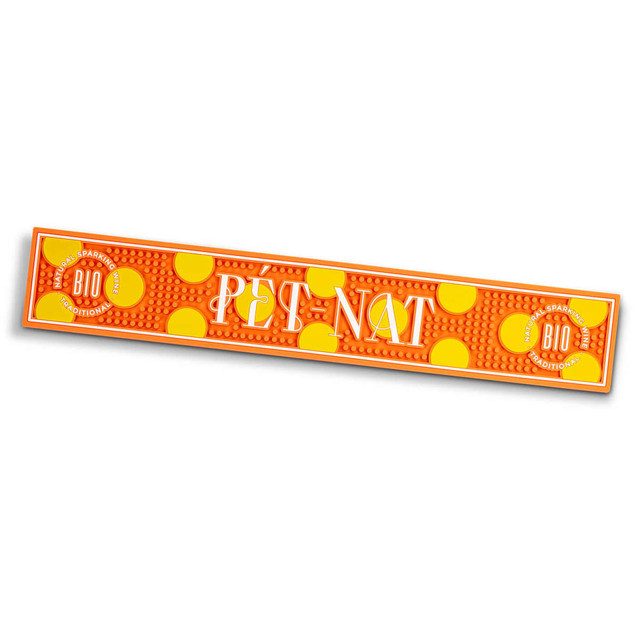 A small orange PVC bar runner with yellow dots and a logo. Features a textured surface for spill absorption.