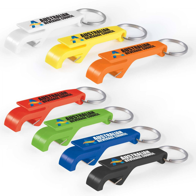 A collection of bottle opener keyrings in white, orange, green, black, red, and blue, featuring a logo on each. A collection of bottle opener keyrings in white, orange, green, black, red, and blue, featuring a logo on each.