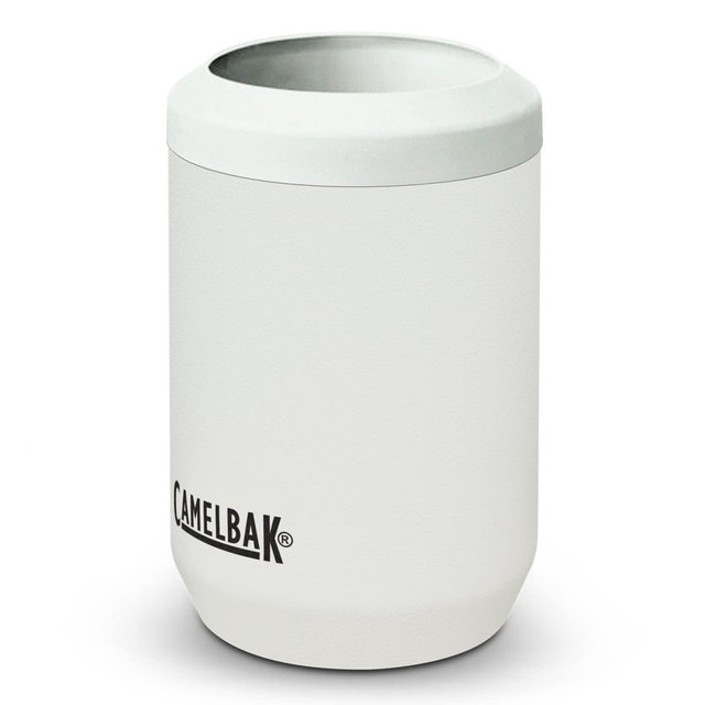A drink bottle cooler in white with a rounded design and a logo on the side. A drink bottle cooler in white with a rounded design and a logo on the side.