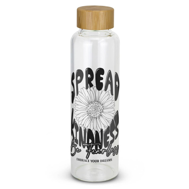 A clear glass drink bottle with a bamboo lid, featuring a floral design and printed words in black. A clear glass drink bottle with a bamboo lid, featuring a floral design and printed words in black.