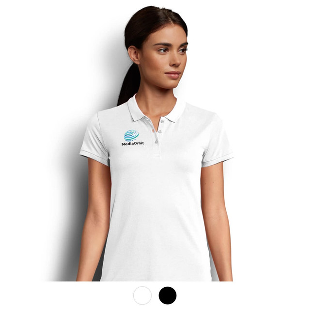 A white women's polo shirt featuring a logo, designed with a classic collar and short sleeves. A white women's polo shirt featuring a logo, designed with a classic collar and short sleeves.