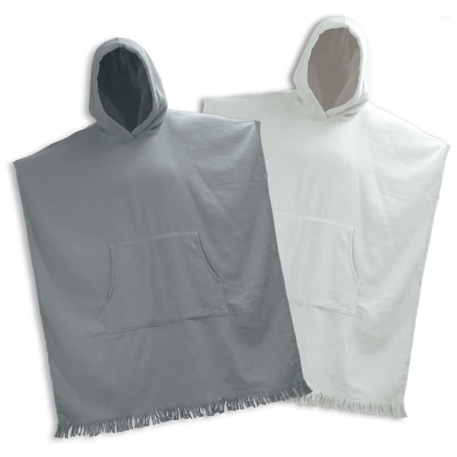 A hooded towel set featuring a grey and a white towel, both with a front pocket and fringed edges.
