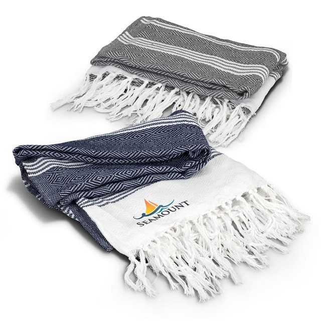 A set of two textured throw blankets, one in navy with white patterns and the other in grey with white stripes, featuring a logo. A set of two textured throw blankets, one in navy with white patterns and the other in grey with white stripes, featuring a logo.