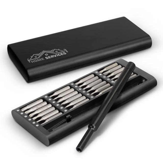A black screwdriver set with multiple bits and a storage case, featuring a logo on the top. A black screwdriver set with multiple bits and a storage case, featuring a logo on the top.