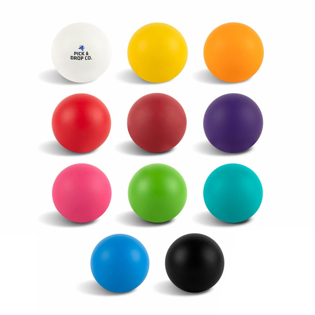 A collection of twelve bouncy balls in various colours: white, yellow, orange, red, pink, green, blue, purple, and black. Each ball has a logo.