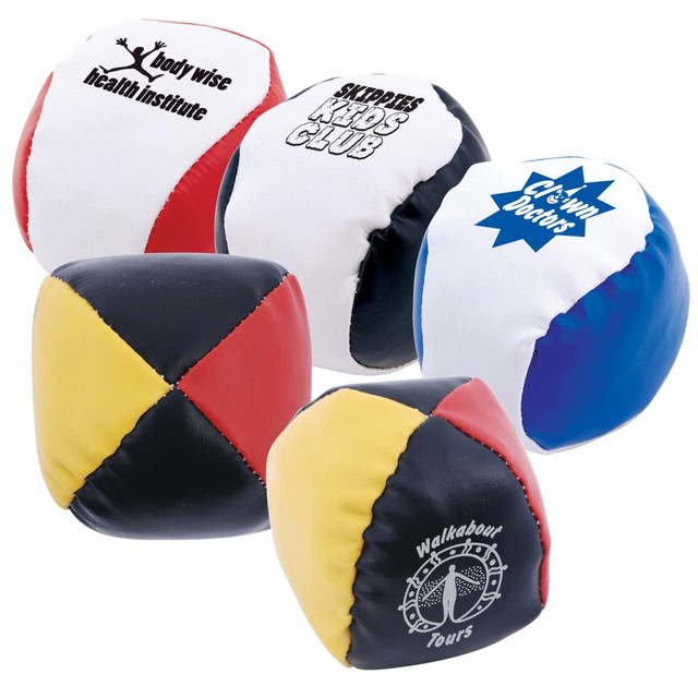 Five brightly coloured hacky sacks in various patterns, featuring different logos and designs. Five brightly coloured hacky sacks in various patterns, featuring different logos and designs.