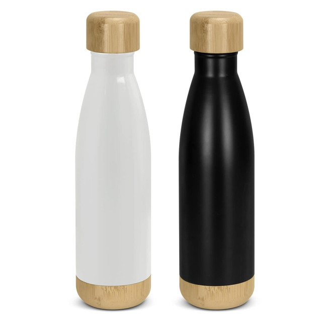 A drink bottle set featuring a white and a black vacuum bottle with bamboo accents. Each bottle has a classic shape and a logo. A drink bottle set featuring a white and a black vacuum bottle with bamboo accents. Each bottle has a classic shape and a logo.