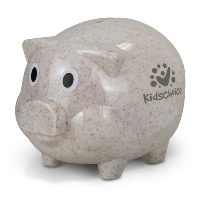 A piggy bank in a speckled natural colour with large eyes and a logo on the side. A piggy bank in a speckled natural colour with large eyes and a logo on the side.