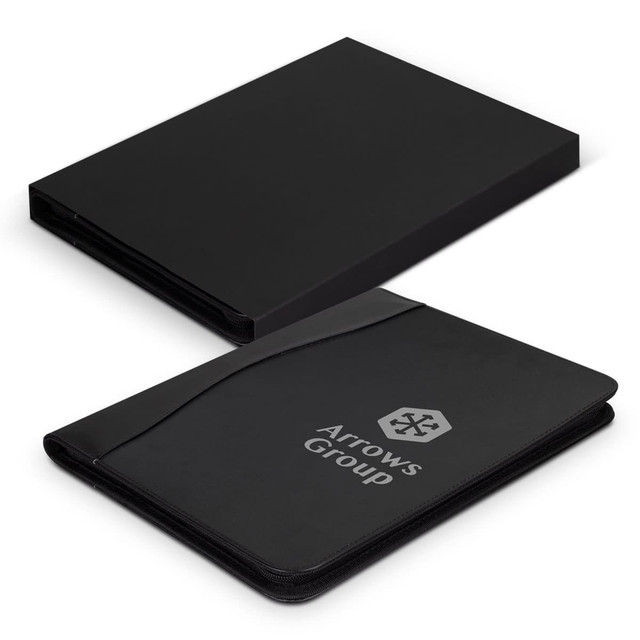 A black leather portfolio with a zip closure and an embossed logo, presented in a matching black box. A black leather portfolio with a zip closure and an embossed logo, presented in a matching black box.