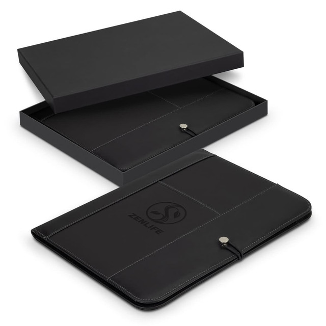 A black portfolio with a logo, presented in a black box. The portfolio features a snap closure and stitching details. A black portfolio with a logo, presented in a black box. The portfolio features a snap closure and stitching details.