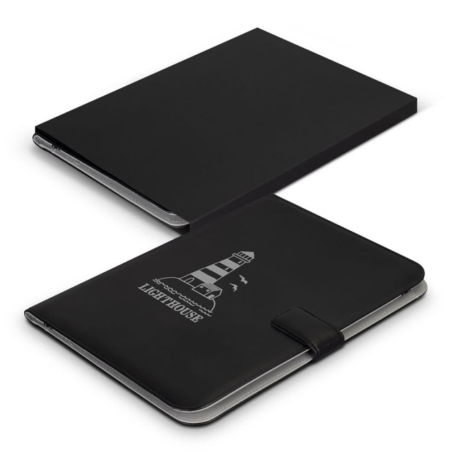 A black portfolio featuring a lighthouse design and a secure closure, presented in a matching outer box. A black portfolio featuring a lighthouse design and a secure closure, presented in a matching outer box.